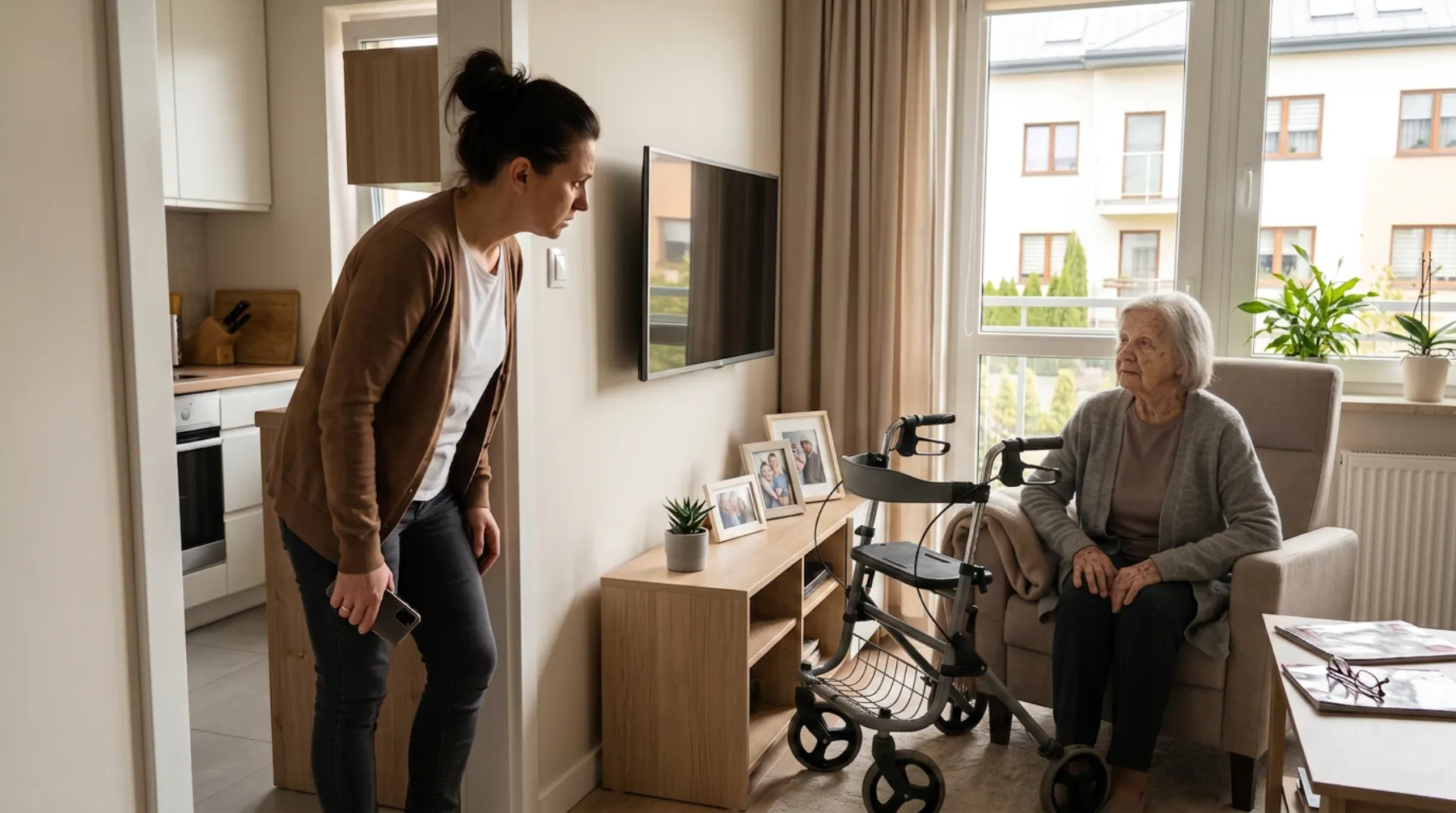 Córka odwiedza mamę, seniorka siedzi w fotelu obok balkonika
