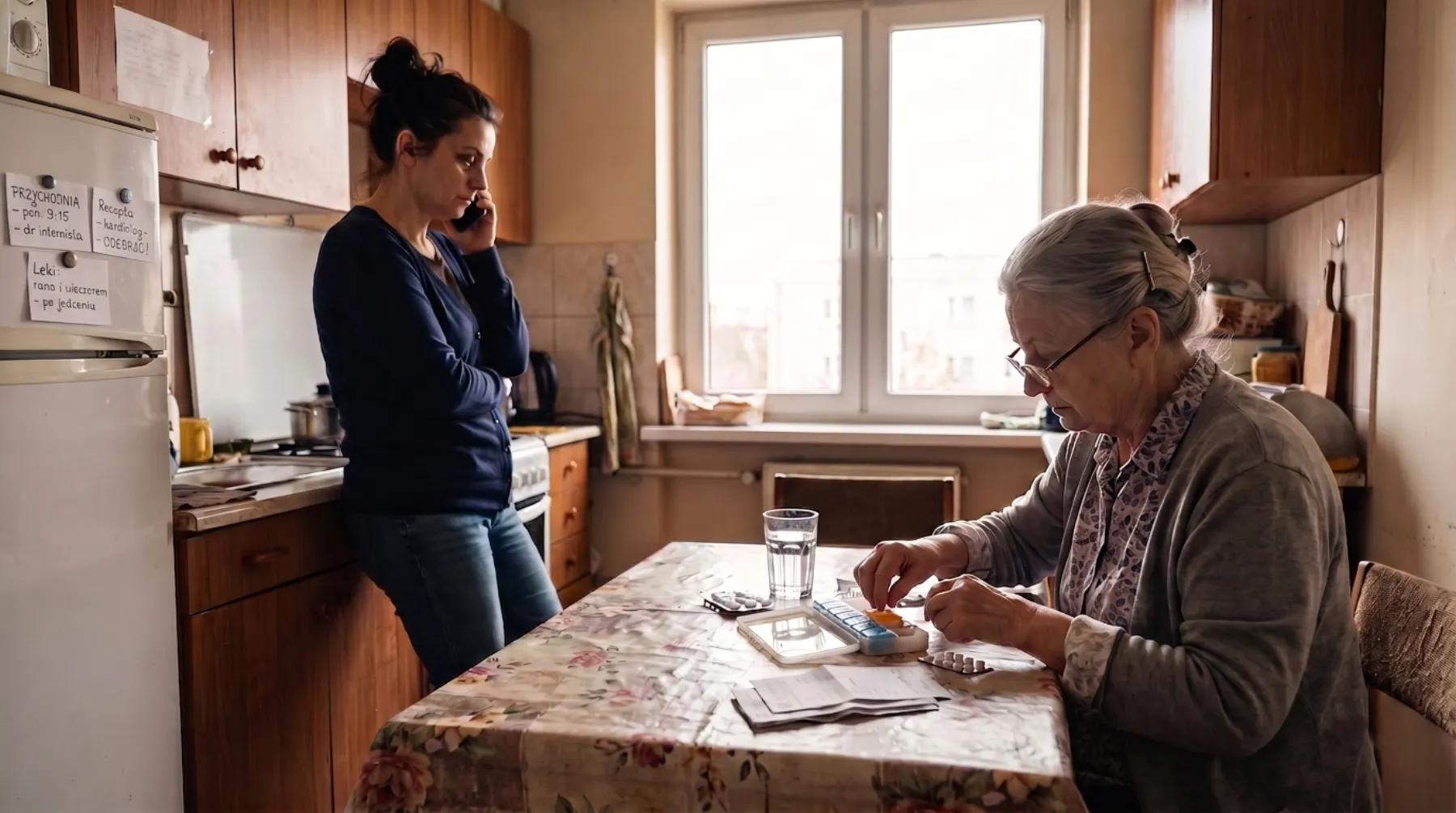 Córka załatwia sprawy mamy przez telefon, seniorka porządkuje leki przy stole