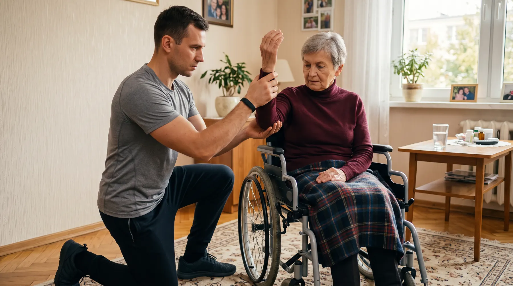 Fizjoterapeuta ćwiczy z seniorką na wózku w jej mieszkaniu