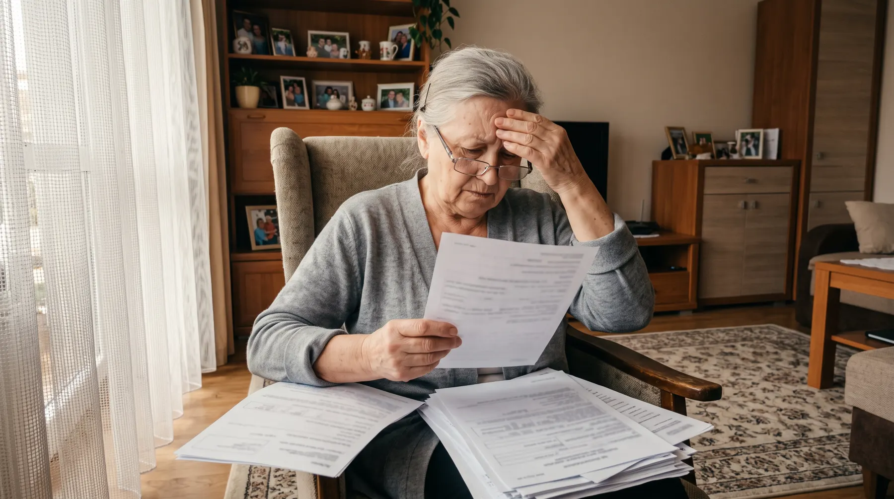 Seniorka w fotelu ze stertą pism i dokumentów na kolanach