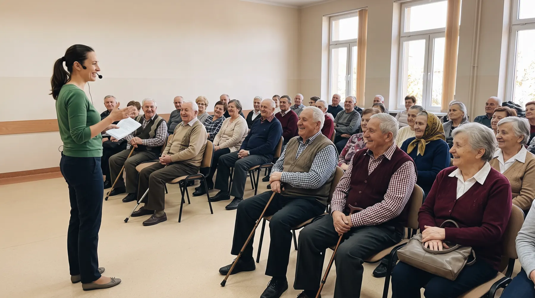 Prowadząca na sali pełnej seniorów podczas zajęć w placówce