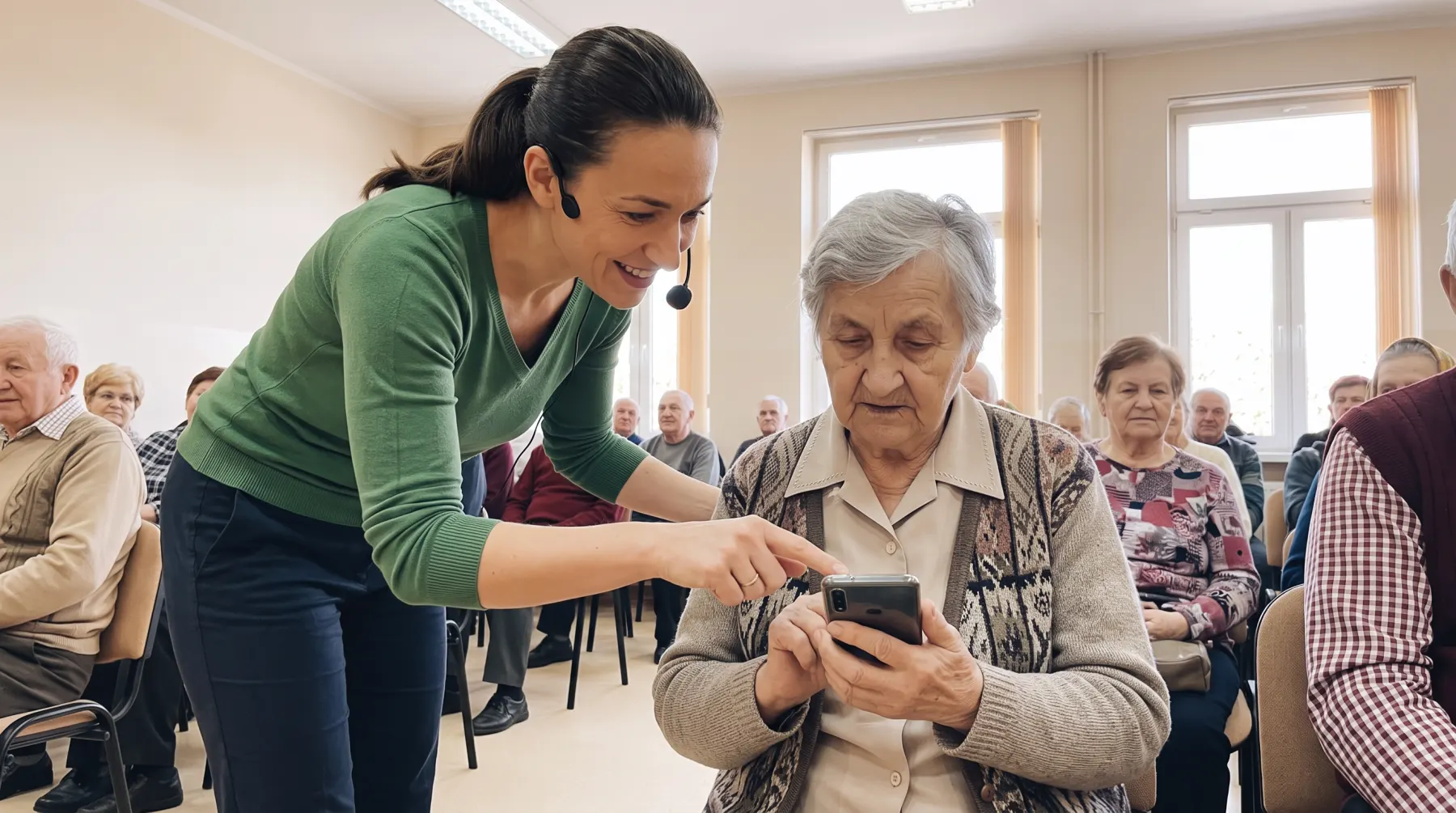 Instruktorka pomaga seniorce obsługiwać smartfon podczas warsztatów