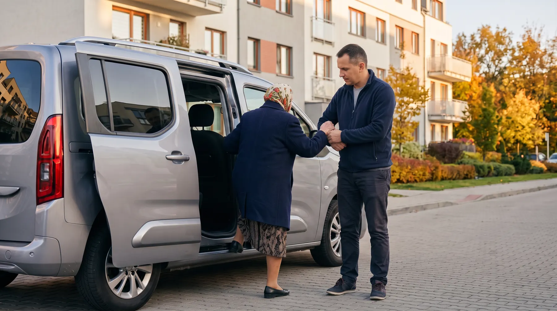 Asystent pomaga seniorce wsiąść do busa przed blokiem na podwarszawskim osiedlu