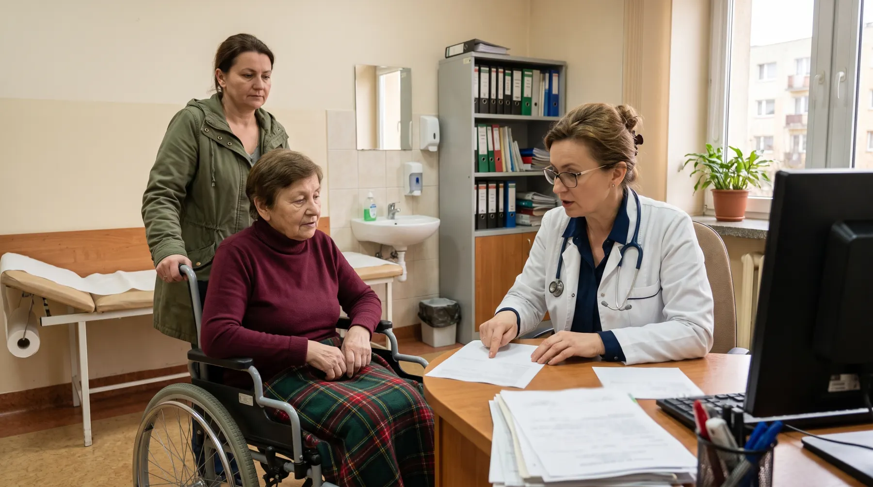 Opiekunka towarzyszy seniorce na wózku podczas wizyty u lekarki